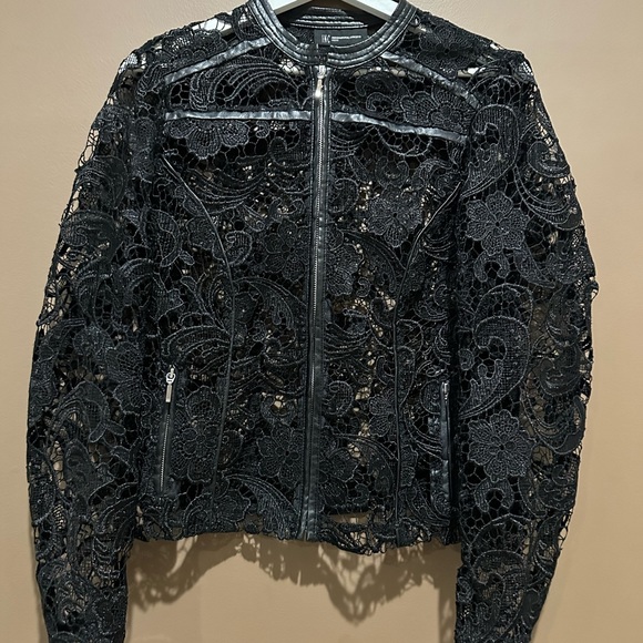INC Faux Leather Trimmed Lace Moto Jacket. - Picture 5 of 8